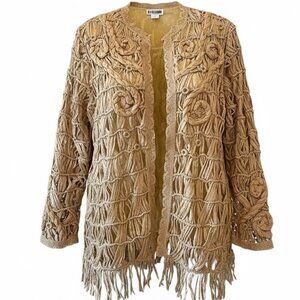 JL Collection Vintage Asian Boho Embroidered Fringe Open Knit Cardigan size 1X